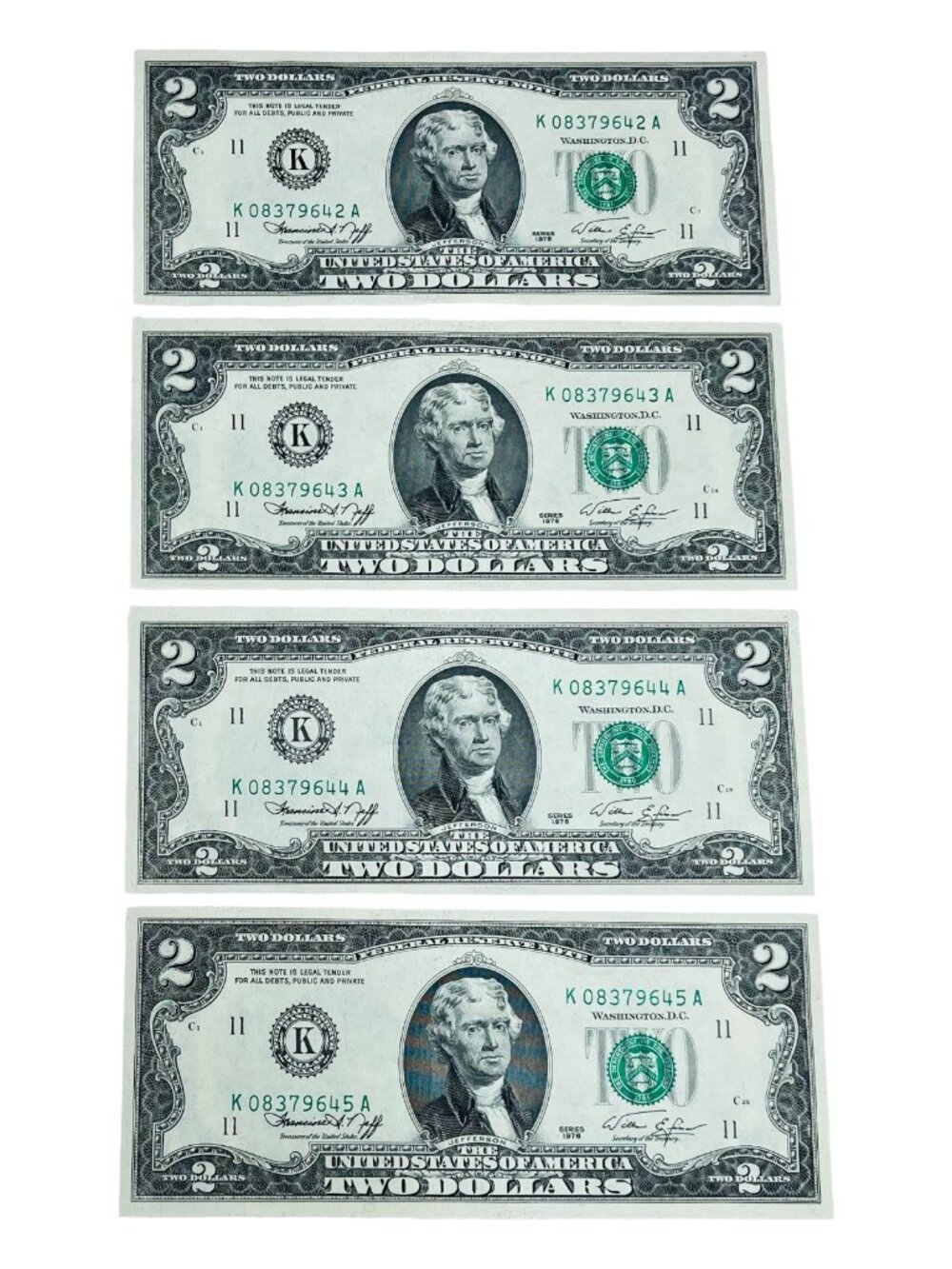 LOT OF (4) 1976 $2 BILLS, CONSECUTIVE SERIAL NUMBERS, CLEAN, CRISP UNCIRCULATED